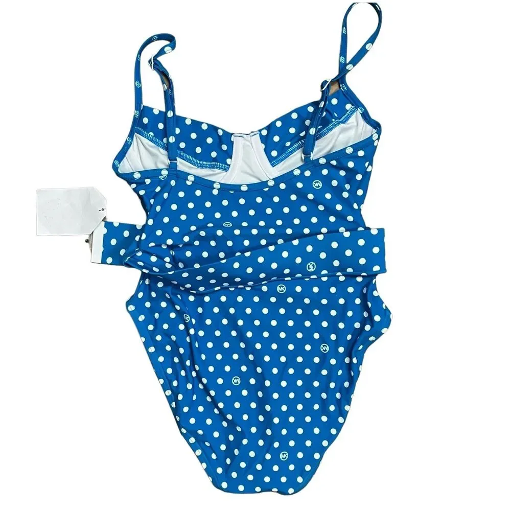 Michael Kors Swimsuit 6 Blue Polka Dot Belted Underwire One Piece Rockabilly Fun